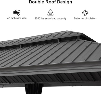 PURPLE LEAF 12' x 24' Outdoor Hardtop Gazebo with Netting and Curtains Galvanized Steel Double Roof and Aluminum Frames Permanent Wind Resistance Pavilion Gazebo for Patio Deck Garden, Light Grey