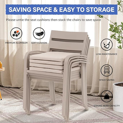 Soleil Jardin Outdoor Aluminum 4-Piece Patio Dining Chairs with Cushions, Stackable Bistro Chairs for Balcony, Garden, Backyard, Flaxen Finish & Beige Cushion