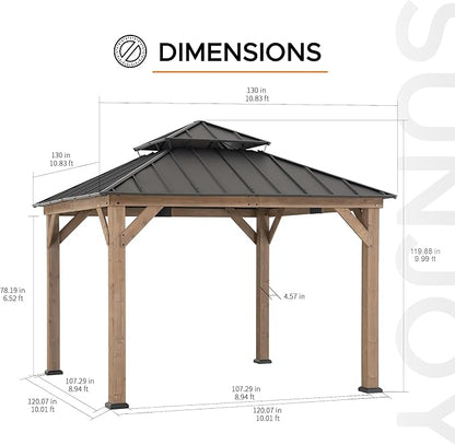 SUNJOY 11 x 11 ft. Wood Gazebo, Upgrade Outdoor Patio Cedar Framed Steel Hardtop Gazebo with 2-Tier Metal Roof, Suitable for Patios, Lawn and Backyard, Dark Brown Roof + Dark Wood Frame