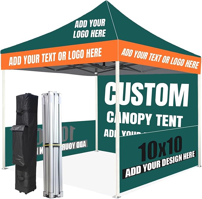 Custom Canopy Tent 10x10 with Logo, Custom 10x10 Pop Up Canopy Tent, Nano-Grade Water Repellent Heavy Duty for Business, w/Roller Bag (1 Full Wall + 2 Half Wall)