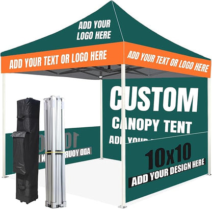Custom Canopy Tent 10x10 with Logo, Custom 10x10 Pop Up Canopy Tent, Nano-Grade Water Repellent Heavy Duty for Business, w/Roller Bag (1 Full Wall + 2 Half Wall)