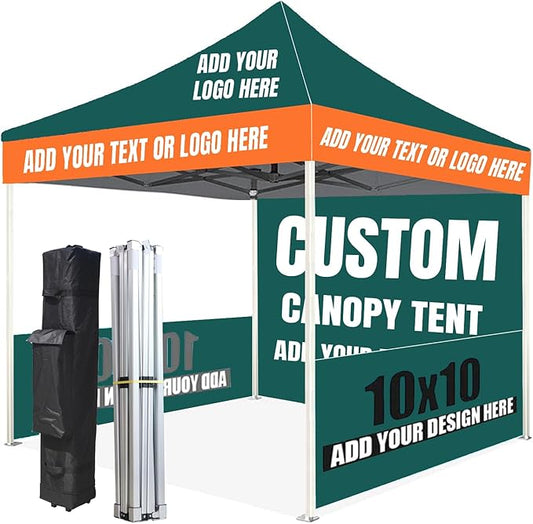 Custom Canopy Tent 10x10 with Logo, Custom 10x10 Pop Up Canopy Tent, Nano-Grade Water Repellent Heavy Duty for Business, w/Roller Bag (1 Full Wall + 2 Half Wall)