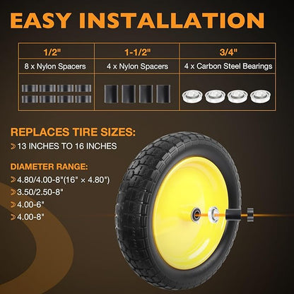 HQPASFY 2 Pack 16" Flat Free Tire 4.80/4.00-8 Wheelbarrow Tire and Wheel, 3" Centered Hub, 5/8" & 3/4" Bearings Replacement for Wheelbarrows, Garden Carts, Dump Carts, Lawn Equipment
