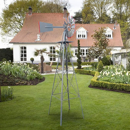 Garden Windmill for Yard Decor, 8 ft Tall Metal Windmill with Spinning Blades, Weather-Resistant Outdoor Windmill for Lawn, Farmhouse, Rustic & Farm Decor, Grey