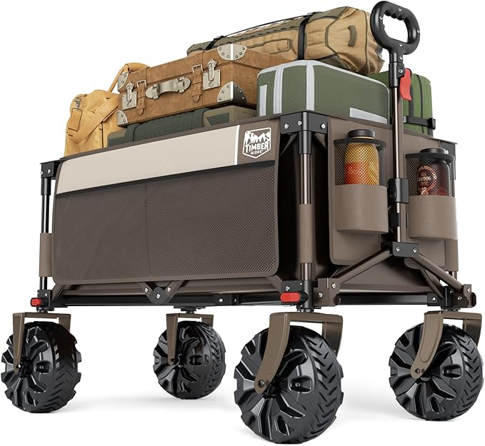Timber Ridge Outdoor Collapsible Wagon Utility Folding Cart Heavy Duty All Terrain Wheels for Shopping Camping Garden with Side Bag and Cup Holders,Tan