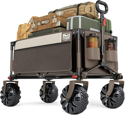 Timber Ridge Outdoor Collapsible Wagon Utility Folding Cart Heavy Duty All Terrain Wheels for Shopping Camping Garden with Side Bag and Cup Holders,Tan