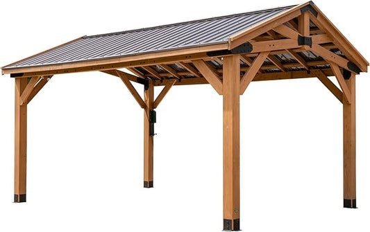 Backyard Discovery Norwood 16 ft. x 12 ft. Cedar Wood Gazebo,Thermal Insulated Steel Roof, Durable, Supports Snow Loads and Wind Speed, Rot Resistant, Backyard, Deck, Garden, Patio Light Brown