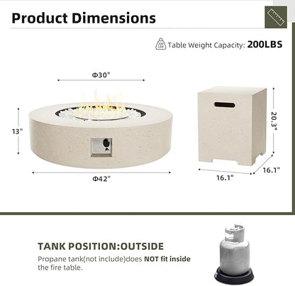 UPHA 42-inch Outdoor Propane Gas Fire Pit Table 50000 BTU Concrete Round FirePit for Outside Patio with Propane Tank Cover, White Glass Rocks, Rain Cover,Beige