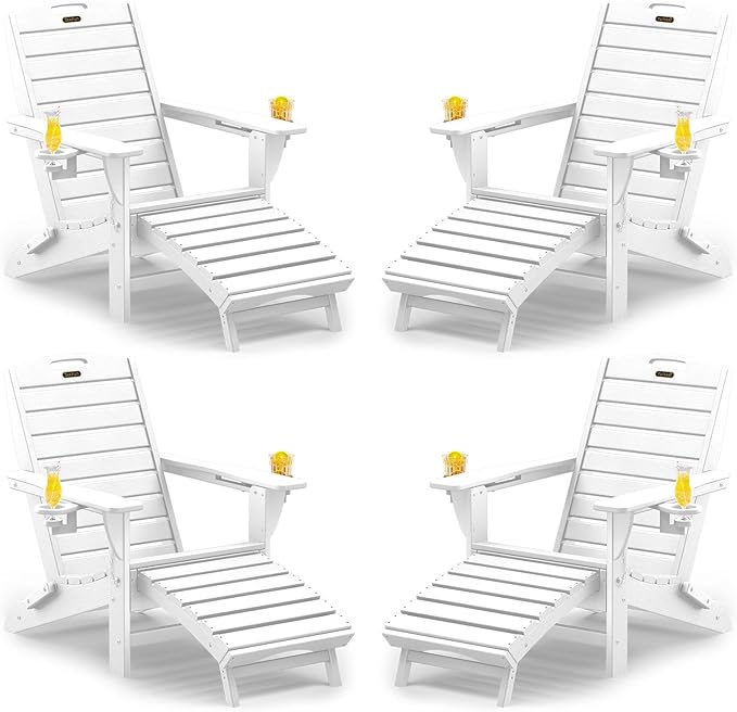 Folding Adirondack Chairs Set of 4,Adirondack Chair with Retractable Ottoman,Plastic Adirondack Chairs with 2 Cup Holder,Weather Resistant Patio Chair,Outdoor Chairs Set of 4(White)