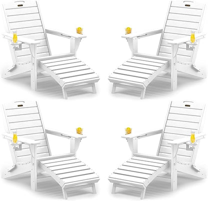 Folding Adirondack Chairs Set of 4,Adirondack Chair with Retractable Ottoman,Plastic Adirondack Chairs with 2 Cup Holder,Weather Resistant Patio Chair,Outdoor Chairs Set of 4(White)
