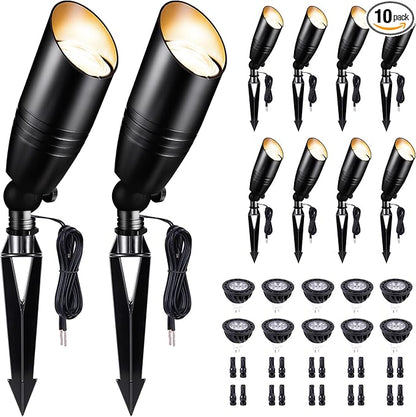 Black LED Outdoor Spotlights, Durable Low Voltage Landscape Lighting, Aluminum Waterproof Uplights for House, Garden, Lawn with 5W MR16 Bulb 2700K 10 Pack