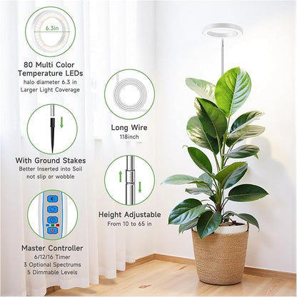 Grow Lights for Indoor Plants, 6000K Full Spectrum Plant Grow Lights, Height Adjustable 10"-65" Growing Lamp, Automatic Timer 6/12/16Hrs, 5-Level Dimmable, Idea for Large Plant, 2 Pack
