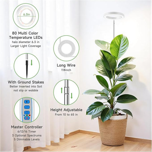 Grow Light, 80 LEDs Full Spectrum Plant Light for Indoor Plants, Height Adjustable 10"-65" Growing Lamp with Auto Timer for 6/12/16Hrs,3 Optional Spectrums,5 Brightness, 1 Pack