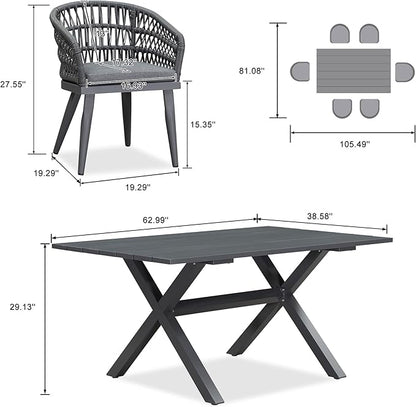PURPLE LEAF 7 Pieces Outdoor Dining Set All-Weather PE Rattan Outdoor Patio Furniture Set with All Aluminum Frame Rectangular Table and Chairs Set for Lawn Garden Backyard Deck, Grey