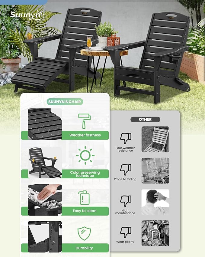 Folding Adirondack Chairs Set of 2,Adirondack Chair with Retractable Ottoman,Plastic Adirondack Chairs with 2 Cup Holder,Weather Resistant Patio Chair,Outdoor Chairs Set of 2(Black)
