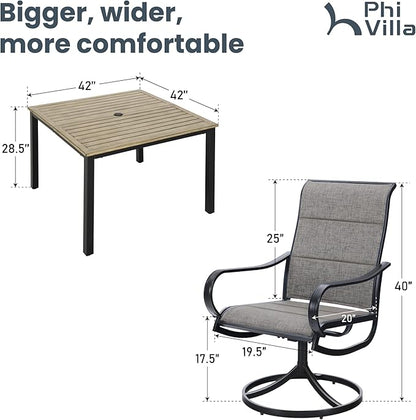 PHI VILLA 5 PCS Patio Dining Set, 4 Padded Swivel Dining Chairs & Square Brown Metal Slat Table Top with 1.57" Umbrella Hole, Outdoor Table and Chairs for All Weather