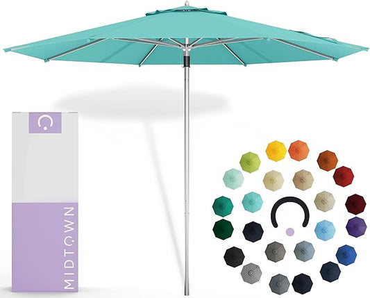 Midtown Umbrellas Push Pop Sunbrella Umbrella 10 Feet Large Outdoor Umbrella With Aruba Acrylic Fabric - Deck Patio Umbrella, Backyard Umbrella, Garden Umbrella & Pool Umbrella - Black Pole