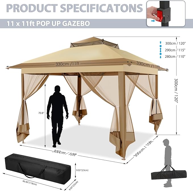 COBIZI Pop Up Gazebo 11x11 One-Push Canopy Tent, Carpas Para Patio, Outdoor Canopy Shelter with Double Roof Ventiation 121 Square Feet of Shade for Lawn, Garden, Backyard and Deck, Khaki(Upgraded 2.0)
