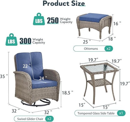 Outdoor Swivel Glider Rocker Chairs Set- 5 Piece Patio Furniture Set, Patio Bistro Sets with Tempered Glass Side Table and 2 Ottoman, for Balcony, Porch - Grey Wicker Blue Cushion