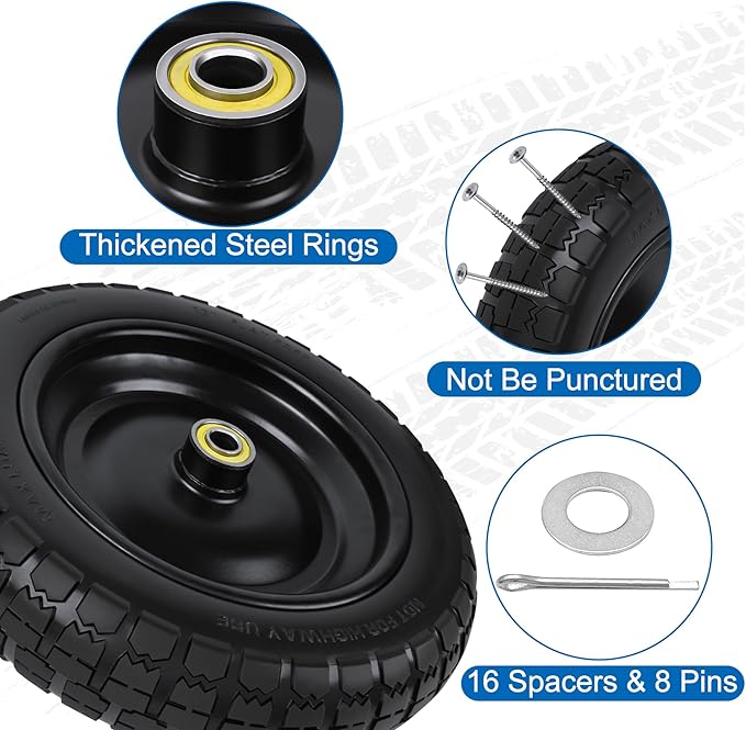 13 Inch Flat Free Wheels Tires 4.00-6 Solid Replacement with Universal 5/8" Axle Bore Hole, 16 Spacers and 8 Pins, for Wheelbarrow, Garden Wagon, Hand Truck, Trolley, Lawn Mower, 4 Pack