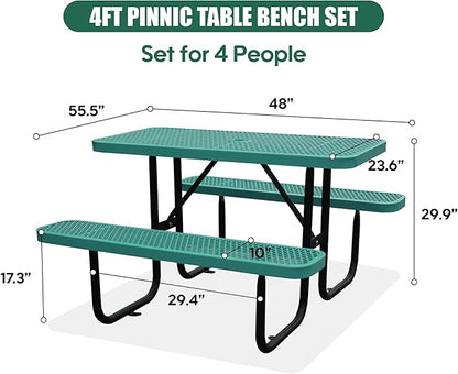 4FT Outdoor Picnic Tables,Heavy-Duty Metal Rectangular Picnic Table,Expanded Metal Commercial-Grade Table with 2 Benches & Umbrella Hole,Waterproof Coating Beach Table for Patio,Garden, Backyard