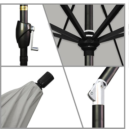 California Umbrella GSPT908302-5402 9' Round Aluminum Market, Crank Lift, Push Button Tilt, Black Pole, Sunbrella Granite