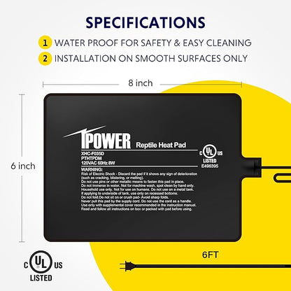 iPower Reptile Heat Pad 6X8 Inch 8W Under Tank Terrarium Warmer Heating Mat for Turtle, Lizard, Frog, Snake, Reptile, and Other Small Animals