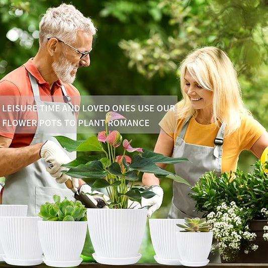 Plant Pots Indoor with Saucers & Drainage - 6 Pack Flower Pots - Plastic Planters for Indoor Planter - 7.5/6.6/5.8/5.0/4.3/3.5 inches Sizes for All Different Types of Plants - White
