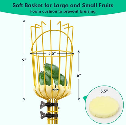 Fruit Picker Pole with Basket,8FT Long Heavy Duty Mango Picker Tool with Adjustable Fruits Picking Pole, Fruits Picking Grabber for Lemon,Apple,Almonds,Avocados