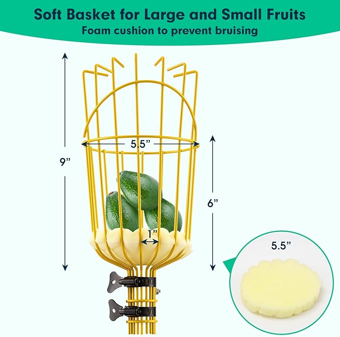 10FT Fruit Picker, Adjustable Mango Picker Tool with Adjustable Pole and Basket, High Fruit Catcher Equipment Apple Picker for Lemon Apples Mango Pear Orange Avocados Fruit Picking Grabber Tool
