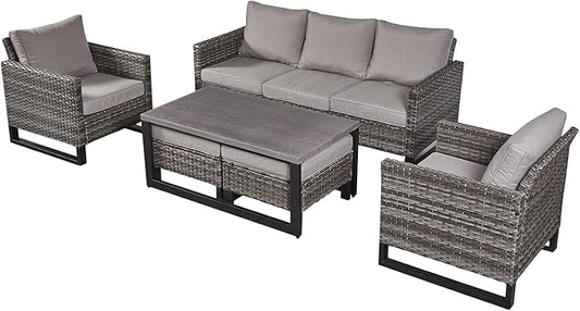 HUMMUH 6 Piece Patio Furniture All Weather Wicker Outdoor Sectional Sofa,High Back Patio Chairs,Coffee Table and Ottomans Set for Porch,Garden,Backyard