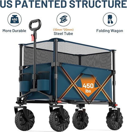 TIMBER RIDGE Foldable Wagon 350L Extendable Height, Large Capasity Collapsible Wagon Cart with All Terrians Detachable Wheels, Compact Folding Utility Wagon for Camping, Fishing, Shopping Navy