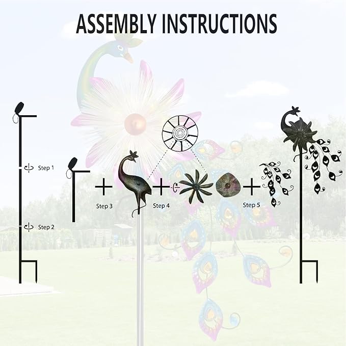 Solar 51" Peacock Wind Spinners for Yard and Garden, Metal Clearance Windmill Kinetic Wind Spinner Outdoor Decor, Wind Sculpture Yard Art Decorations for Patio, Lawn & Garden