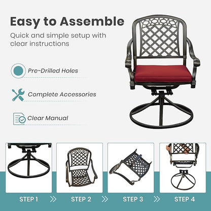 Set of 2 Cast Aluminum Patio Chairs with Cushions, All-Weather Aluminum Outdoor Swivel Chairs, Metal Outdoor Rocking Chairs for Backyard, Poolside and Bistro(Red, 2 Pieces)