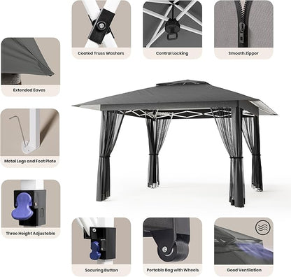 Bealife 13x13 Pop Up Gazebo Tent with Mosquito Netting, Outoor Canopy Tent with 4 Sandbags, 8 Stakes, 4 Ropes, Roller Bag, Pop Up Canopy for Lawn Backyard Garden Deck (Grey, 13x13)