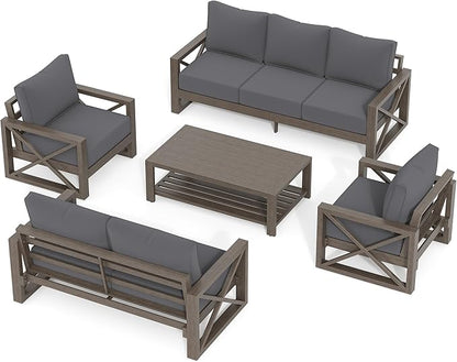 UDPATIO 5 Piece Aluminum Patio Furniture Set Faux Wood Grain Modern Outdoor Furniture Set with 6" Olefin Fabric Cushions and Coffee Table, 600D Waterproof Cover Included, Dark Grey