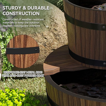 Aoxun 2-Tier Outdoor Water Fountain, Wood Barrel Cascading with Electric Decorative Hand Pump, Rustic Waterfall Fountain for Garden, Backyard, Patio, Porch, Yard