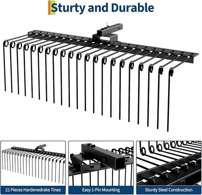 Tow Behind Landscape Rake, 60" Tow Dethatcher with 21 Steel Coil Tines, Lawn Dethatcher Rake Attaches to 48" or 60" Toolbars and 3-Point Suspension Systems, for Leaves, Pine Needles, and Grassn, Black