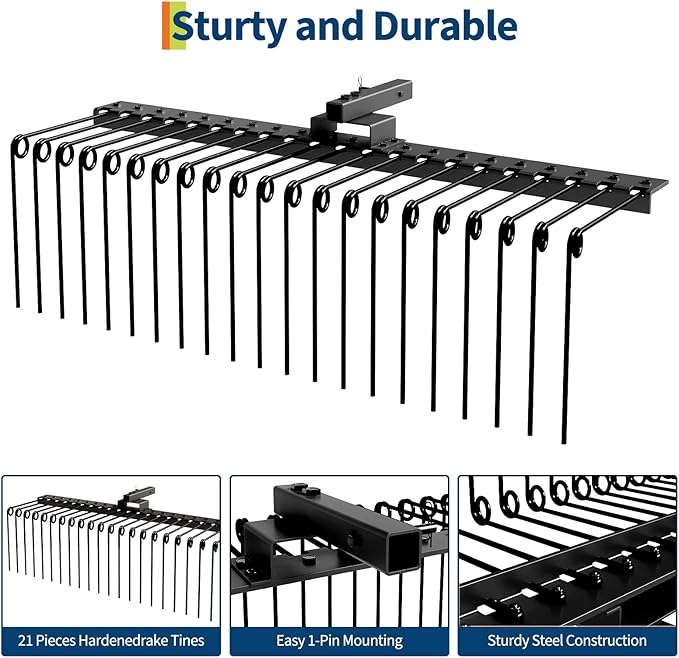 60 in Durable Pine Straw Rake, Steel Spring Landscape Rake Fits 2 in Receiver for Lawn Tractors or ATV/UTV, Black