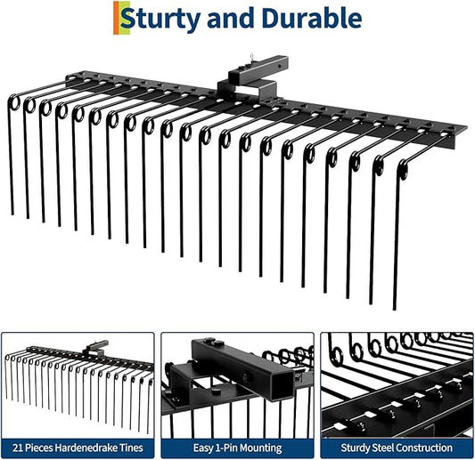 Tow Behind Landscape Rake, 48" Tow Dethatcher with 17 Steel Coil Tines, Lawn Dethatcher Rake Attaches to 48" or 60" Toolbars and 3-Point Suspension Systems, for Leaves, Pine Needles, and Grass, Black