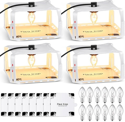 Qualirey 4 Packs Flea Traps for Inside Your Home with 8 Sticky Disc 12 Bulbs 4 Electric Wires, Pest Insects Killer Bed Bug with Light for Indoor Safe to Pets(Square Flea Trap,White)