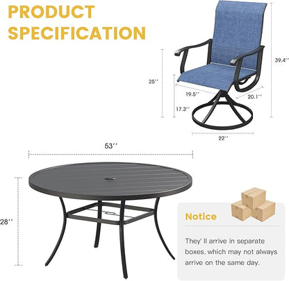 VICLLAX Patio Dining Set for 6, 7 Pieces Outdoor Furniture Includes 53" Round Patio Table with Umbrella Hole and 6 Outdoor Swivel Chairs for Lawn Garden, Black Tabletop and Blue Fabric