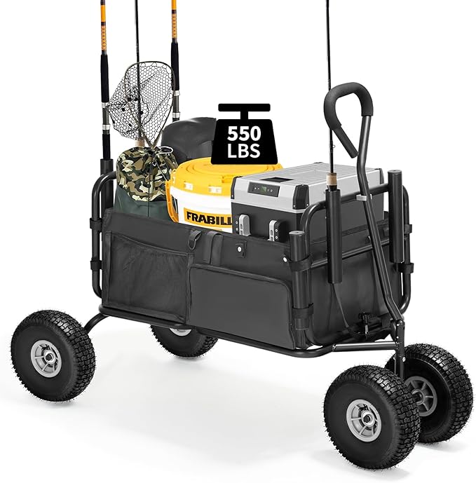 Fishing Cart Beach Cart Collapsible Wagon with 11”All Terrain Big Wheels,Heavy-Duty Garden Carts with 6 Holders and Storage Pocket for Outdoor,Fishing, Picnic