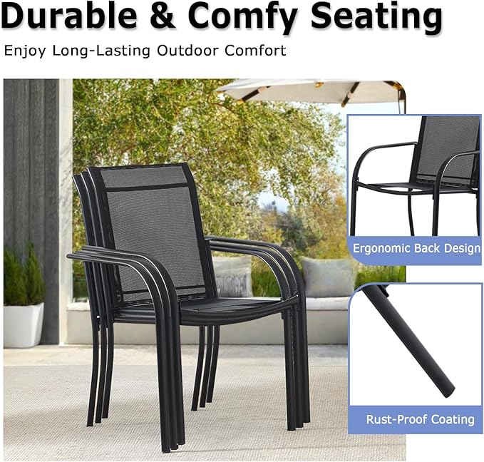 Patio Chairs Set of 2, Outdoor Dining Chairs with Breathable Textilene Fabric, Stackable Patio Chairs for Lawn, Garden, Backyard, Poolside, Black