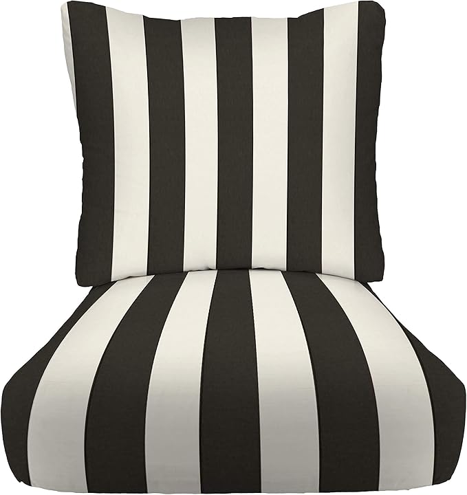 RSH DECOR: Deep Seating Cushion with Pillow Back | 24” x 27” Seat | All-Weather Spun Fabric | Water and Fade-Resistant | Outdoor Chair Cushion Set for Patio Furniture | Black & White Stripe