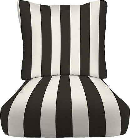 RSH DECOR: Deep Seating Cushion with Pillow Back | 24” x 27” Seat | All-Weather Spun Fabric | Water and Fade-Resistant | Outdoor Chair Cushion Set for Patio Furniture | Black & White Stripe
