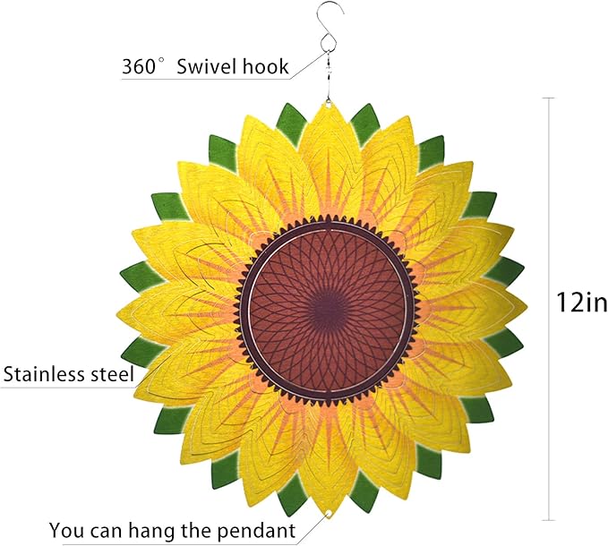 Wind Spinner Yard Art Garden Decor 3D Stainless Steel Metal Sculptures Sunflower Kinetic Hanging Whirligigs Decorations Backyard Outside Indoor Outdoor Patio Ornaments Clearance Sun Catcher Windmill