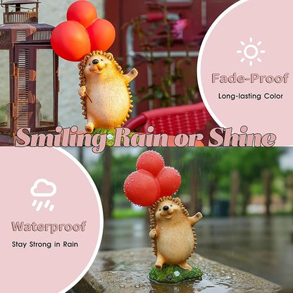 WHIMSYNOOK 10.4" Resin Hedgehog with Balloon Solar LED Garden Statue Light, Ideal for, Porch, Lawn, Yard, Housewarming, or Birthday Gifts for Mom, Family, and Hedgy Lovers