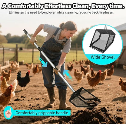 Chicken Poop Scooper for Coops Small Farm Animals with Fine Sieve Coop Rake 2-in-1 Scoop 24" to 67" Adjustable Stainless Steel Handle Durable Sand Sifting Litter Shovel for Animal Sheds Garbage