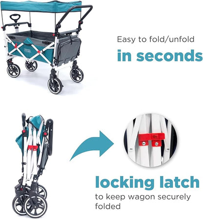 Creative Outdoor Wagon for Kids Push Pull Collapsible Stroller with Canopy Folding Cart | Titanium Series Plus | Beach, Park, Garden (Solid Teal)